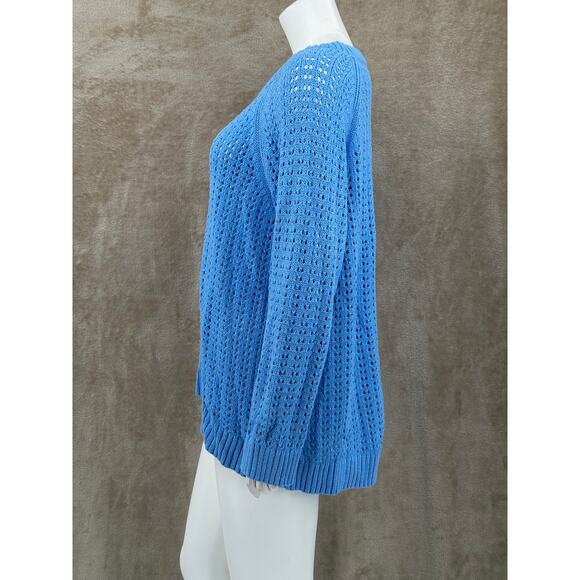 Talbots Sweater Womens 2X Blue Open Knit 100% Cotton Coastal Beachy Minimalist - Picture 4 of 9